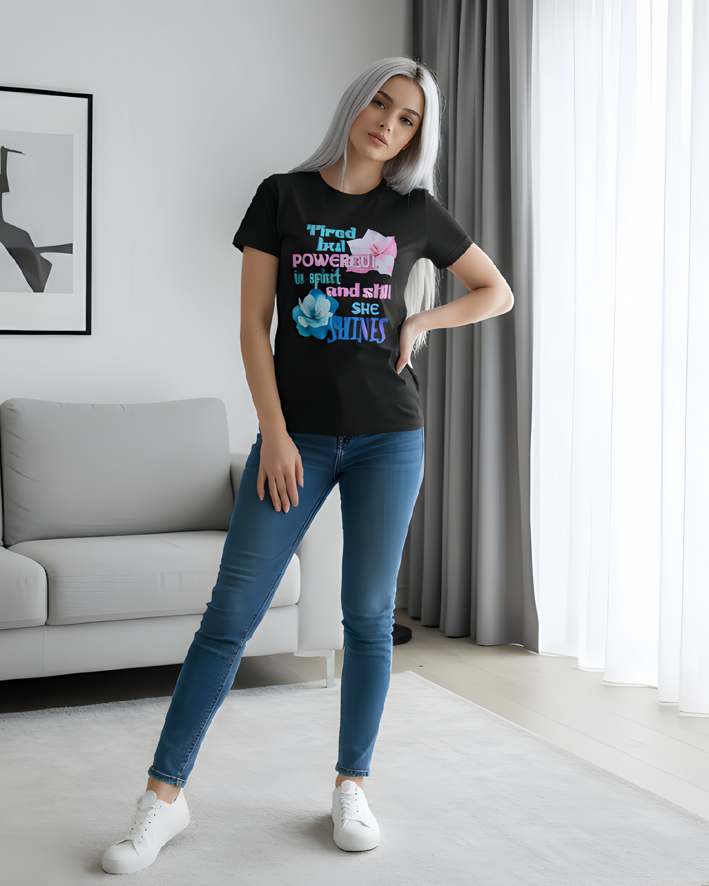 Tired But Powerful In Spirit And Still She Shines Women’s Graphic T-Shirt – Inspirational Floral Tee