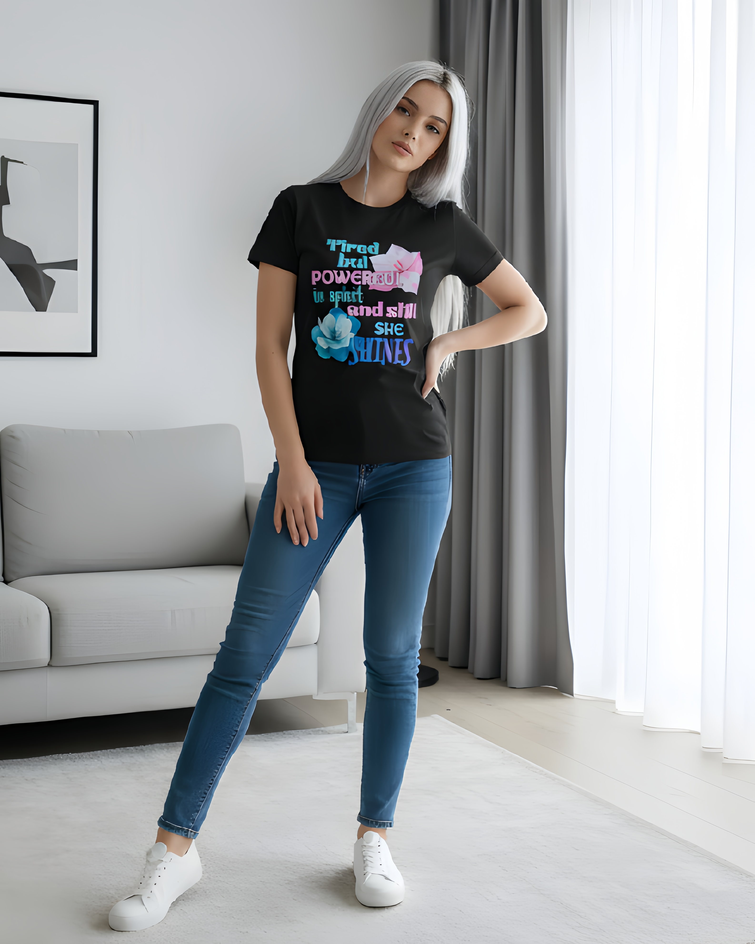 Tired But Powerful In Spirit And Still She Shines Women’s Graphic T-Shirt – Inspirational Floral Tee