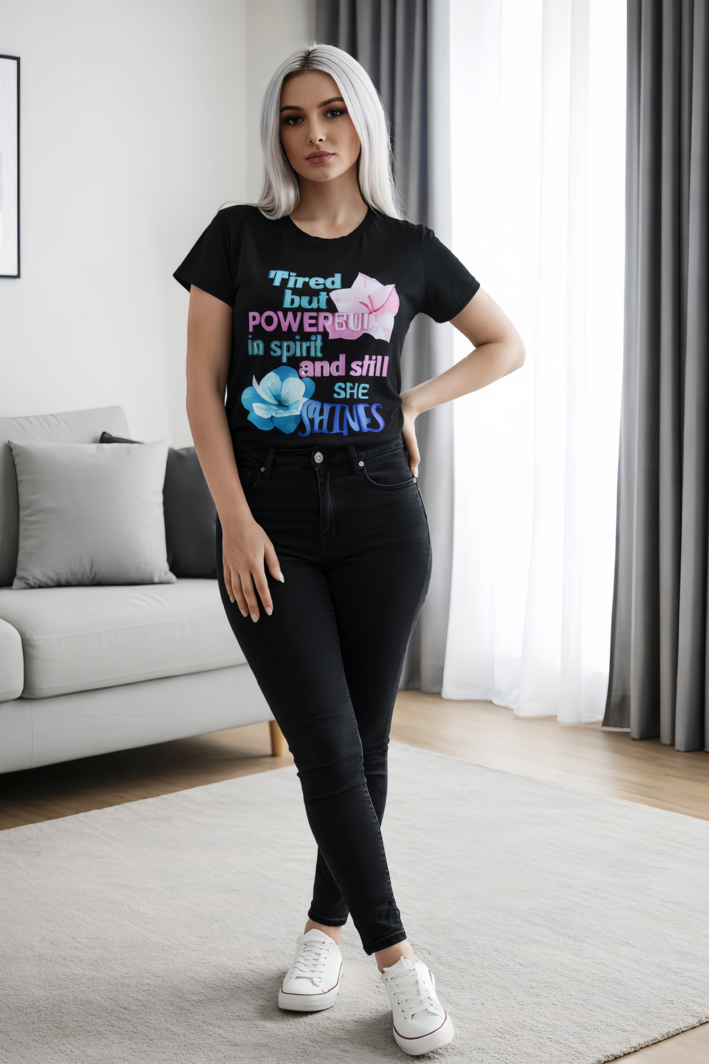 Tired But Powerful In Spirit And Still She Shines Women’s Graphic T-Shirt – Inspirational Floral Tee