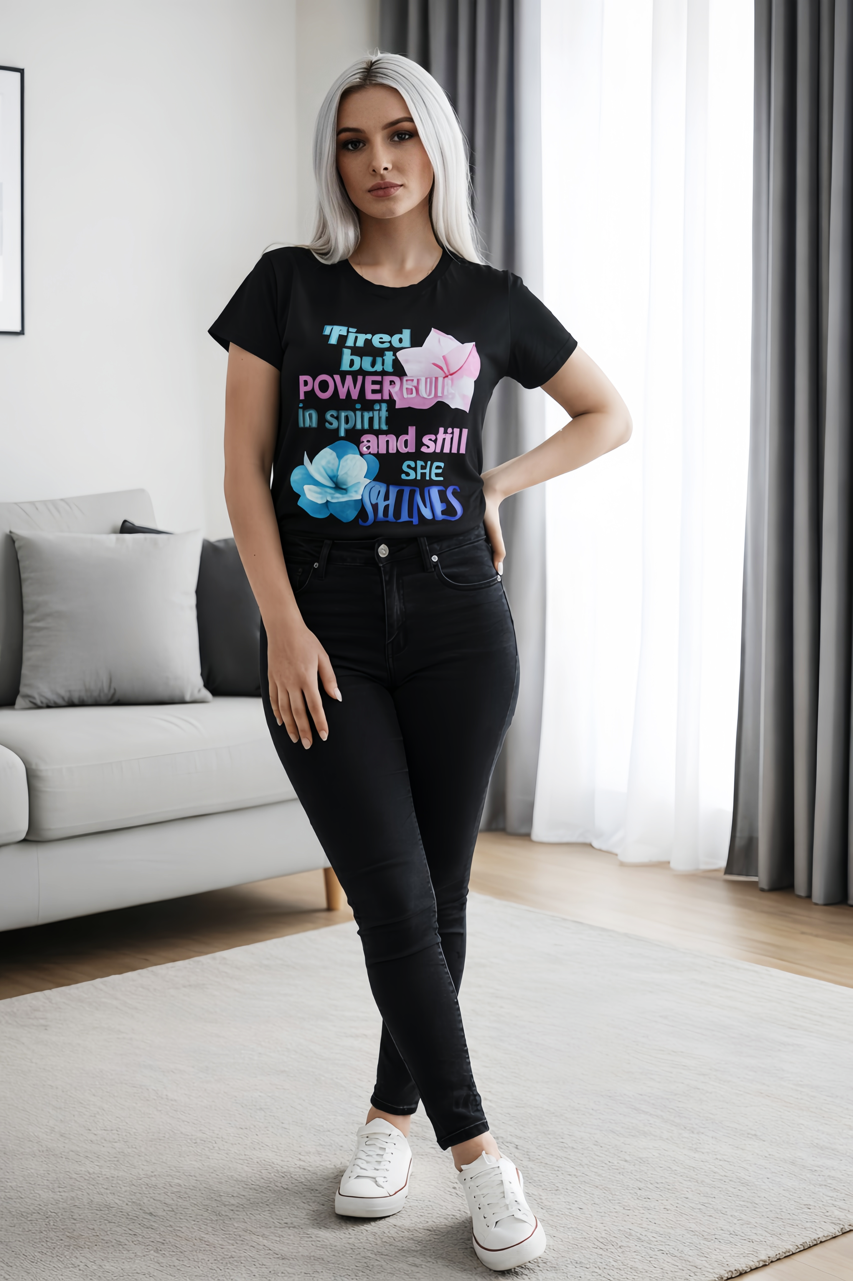 Tired But Powerful In Spirit And Still She Shines Women’s Graphic T-Shirt – Inspirational Floral Tee