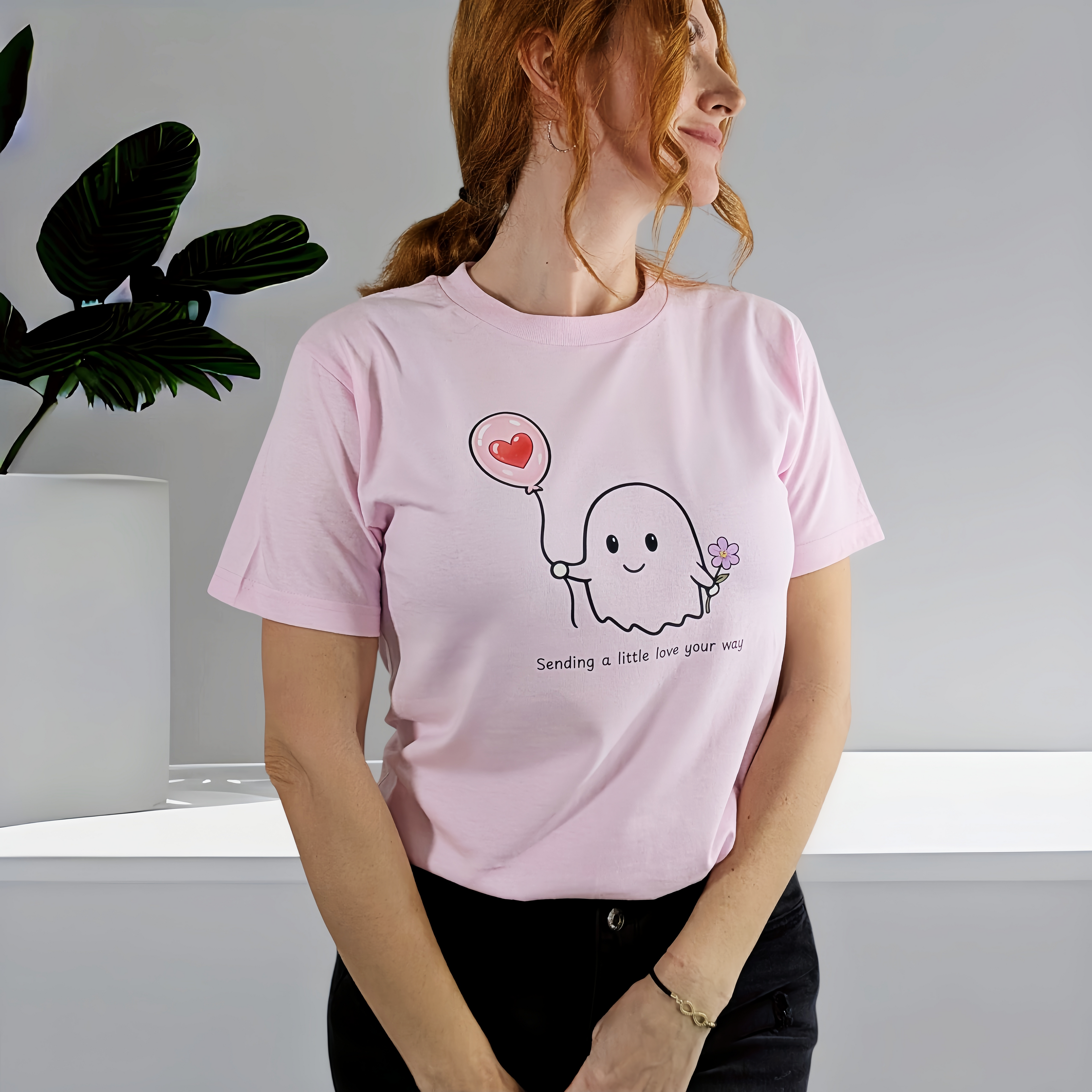 Cute Ghost Shirt | Sending a Little Love Your Way T-Shirt | Kawaii Ghost Tee | Pink Aesthetic Shirt | Cute Gift for Her
