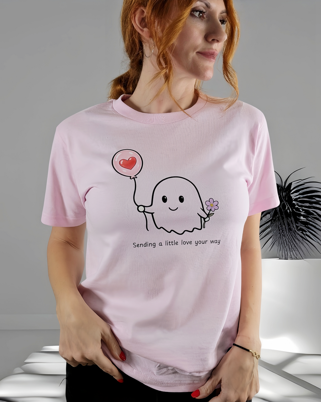 Cute Ghost Shirt | Sending a Little Love Your Way T-Shirt | Kawaii Ghost Tee | Pink Aesthetic Shirt | Cute Gift for Her