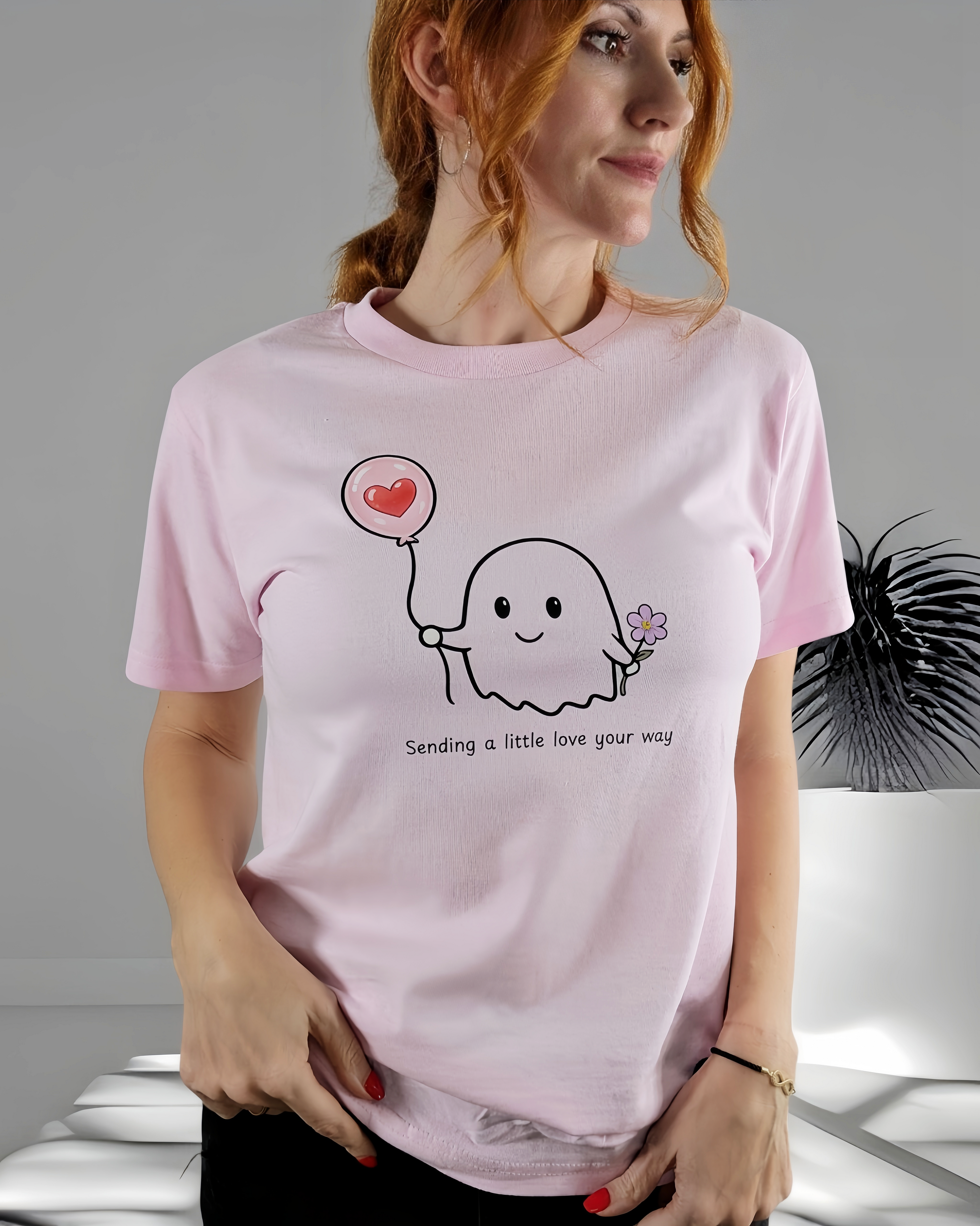 Cute Ghost Shirt | Sending a Little Love Your Way T-Shirt | Kawaii Ghost Tee | Pink Aesthetic Shirt | Cute Gift for Her