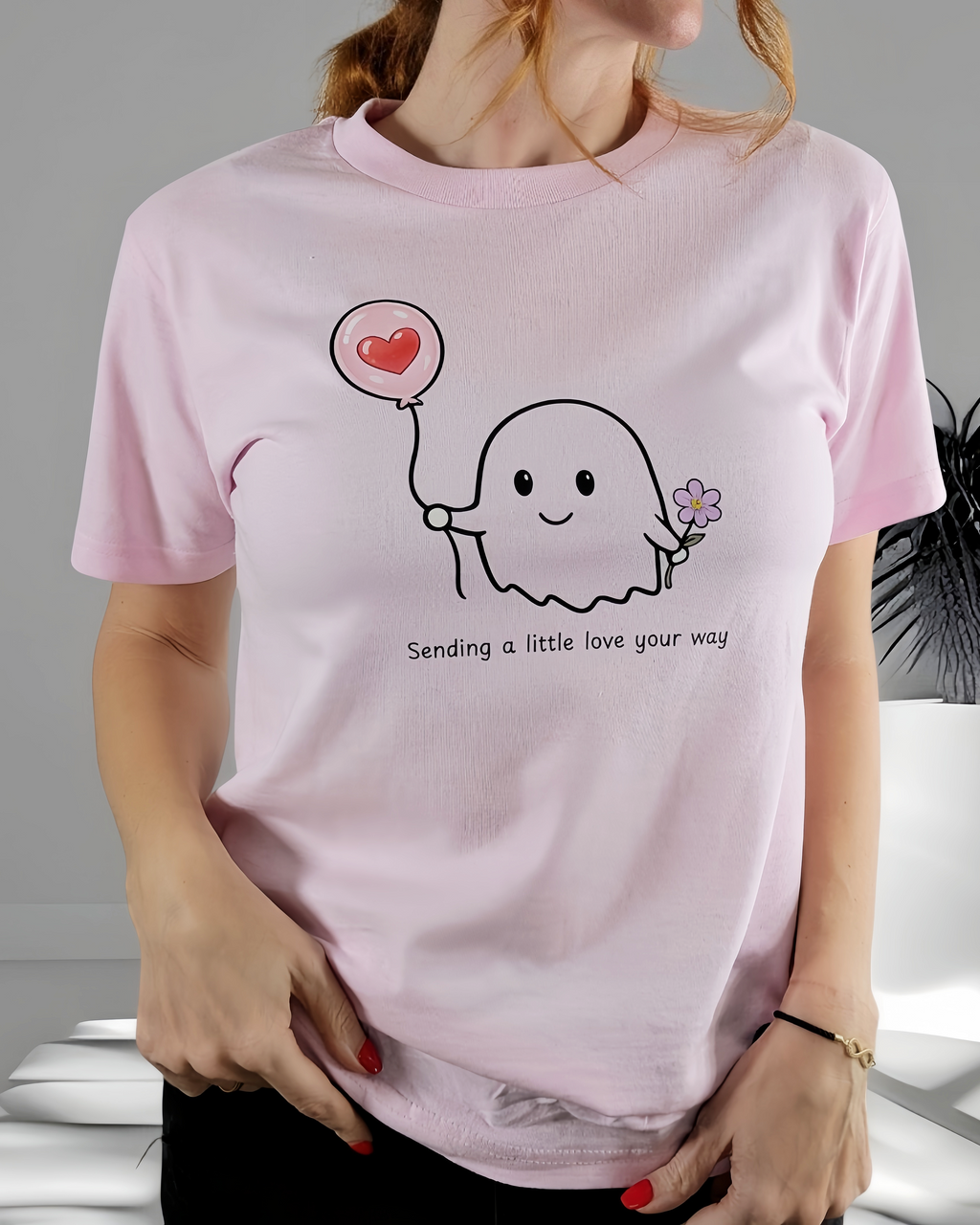 Cute Ghost Shirt | Sending a Little Love Your Way T-Shirt | Kawaii Ghost Tee | Pink Aesthetic Shirt | Cute Gift for Her