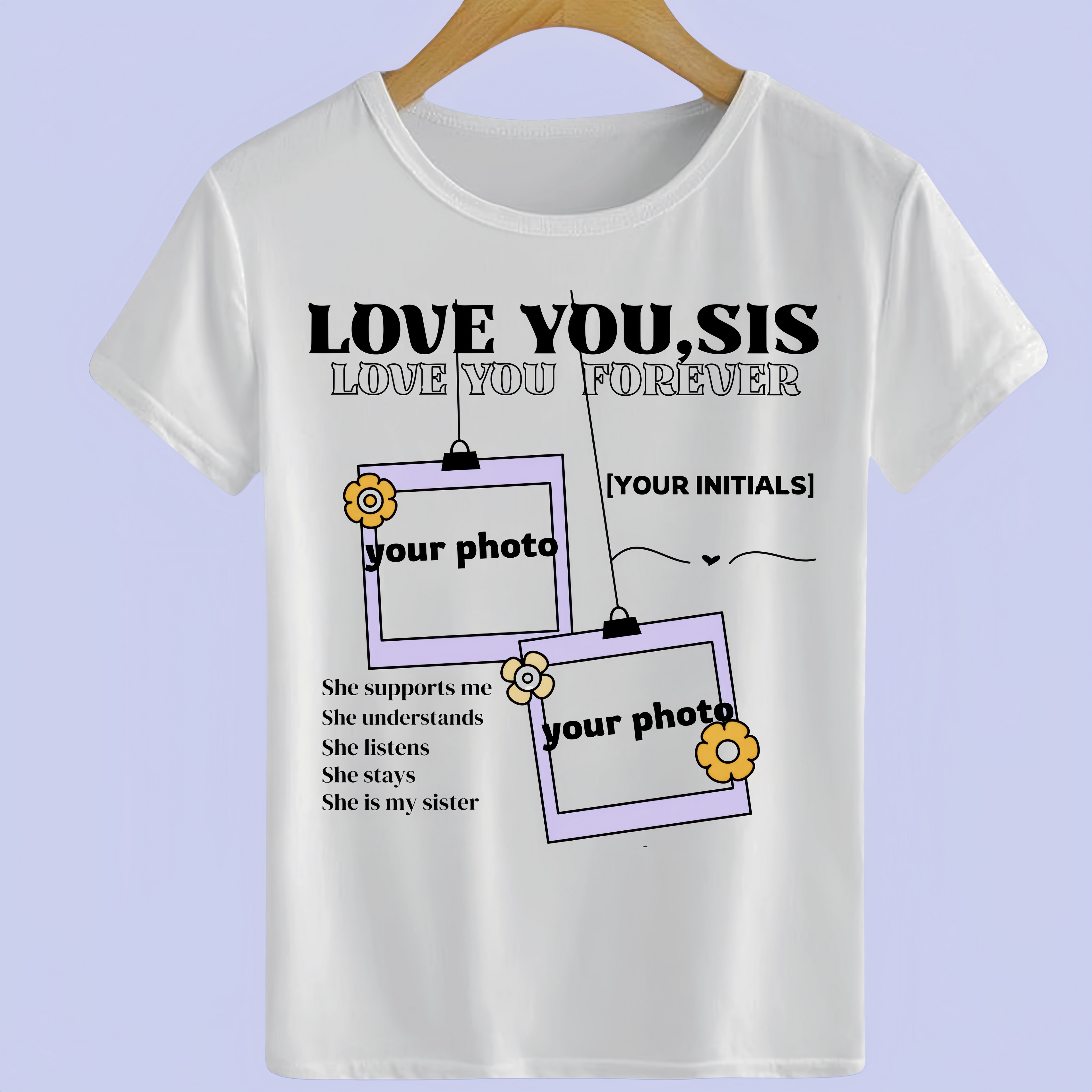 Personalized Sister Photo T-Shirt - Custom Photo & Initials Gift for Sister