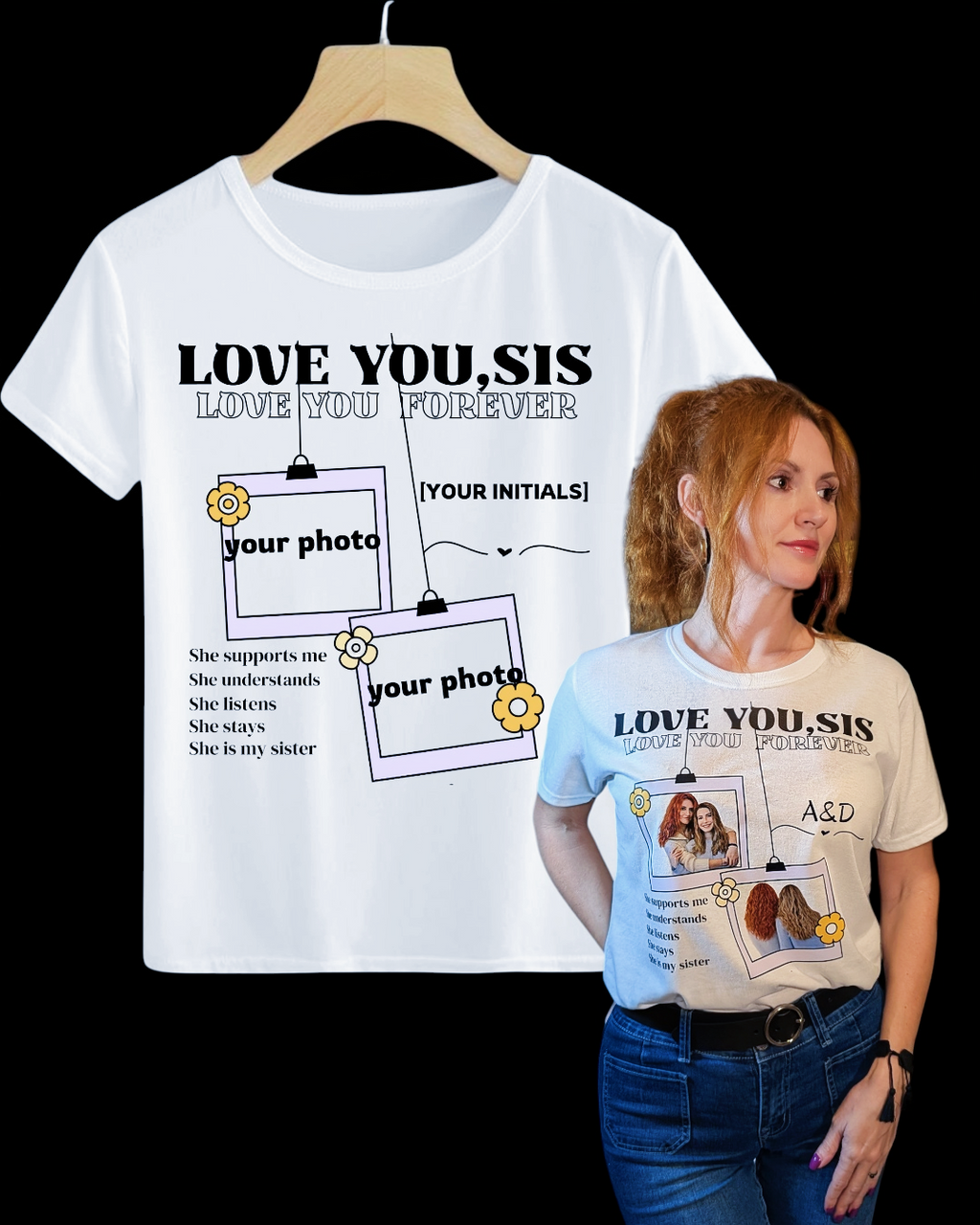 Personalized Sister Photo T-Shirt - Custom Photo & Initials Gift for Sister