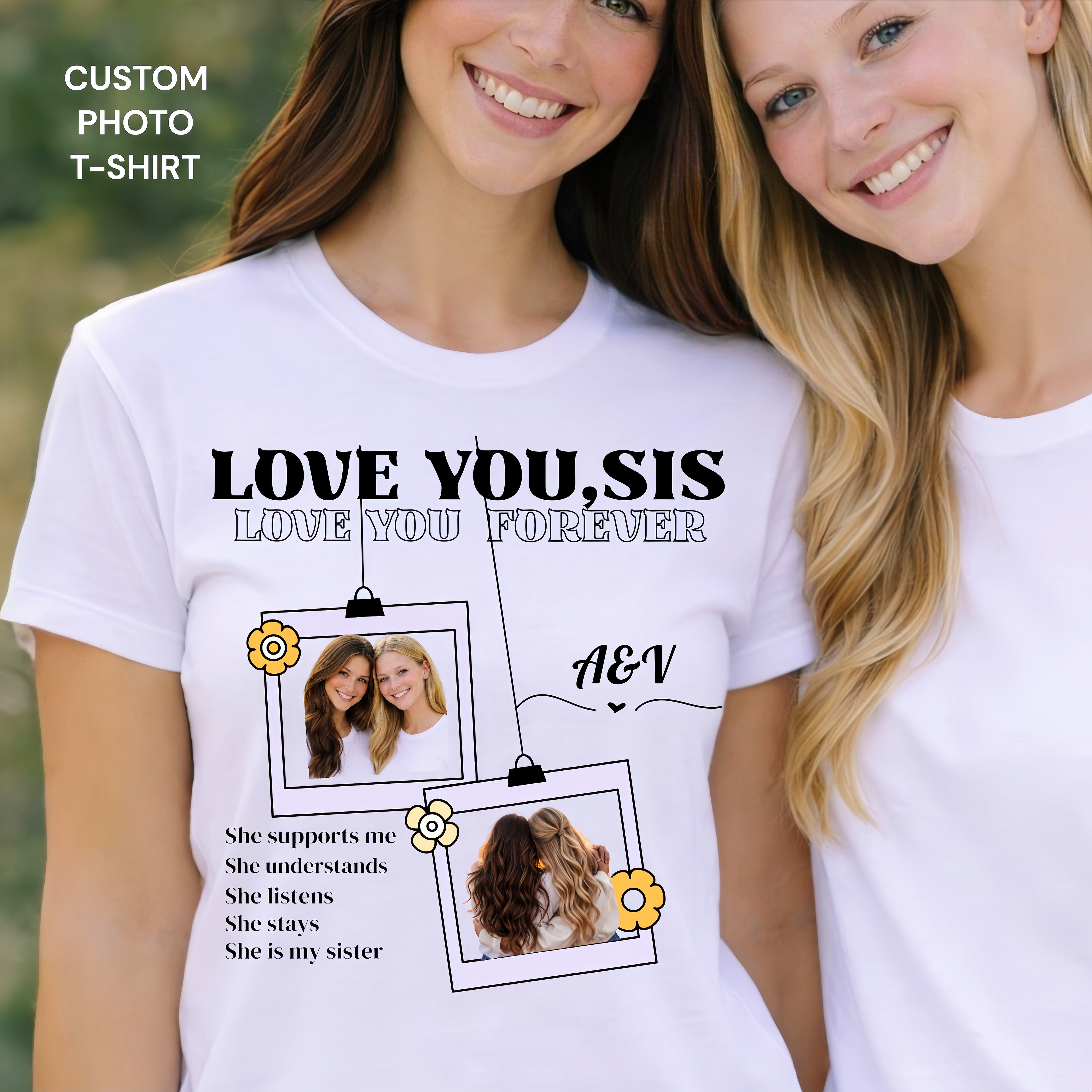 Personalized Sister Photo T-Shirt - Custom Photo & Initials Gift for Sister