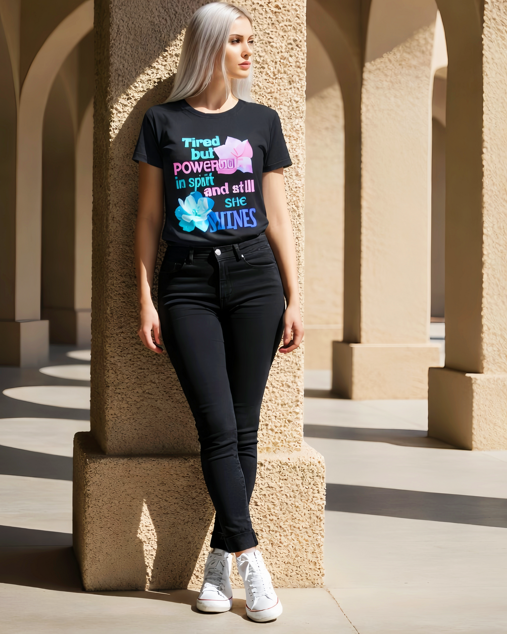 Tired But Powerful In Spirit And Still She Shines Women’s Graphic T-Shirt – Inspirational Floral Tee