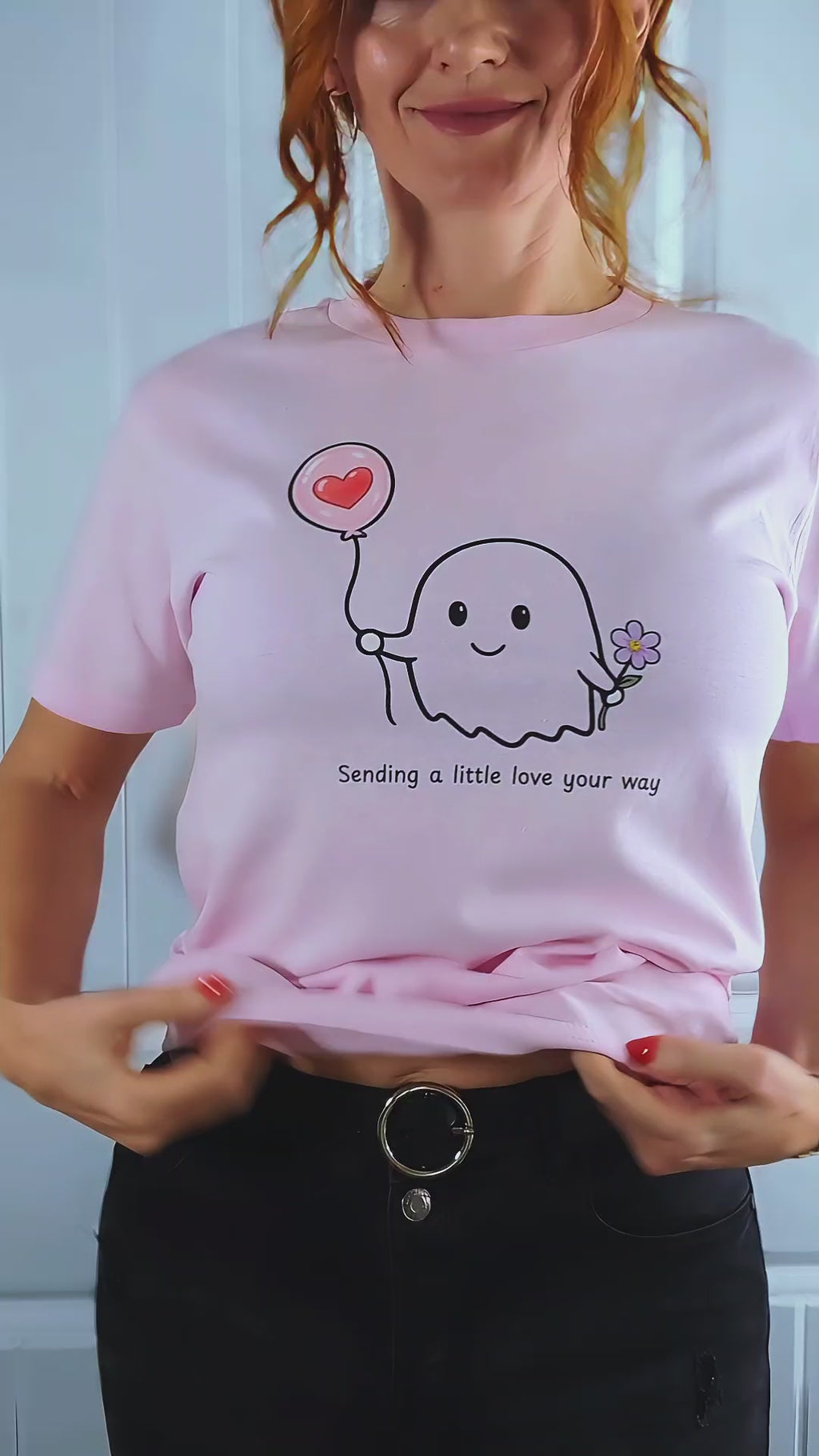 Cute Ghost Shirt | Sending a Little Love Your Way T-Shirt | Kawaii Ghost Tee | Pink Aesthetic Shirt | Cute Gift for Her