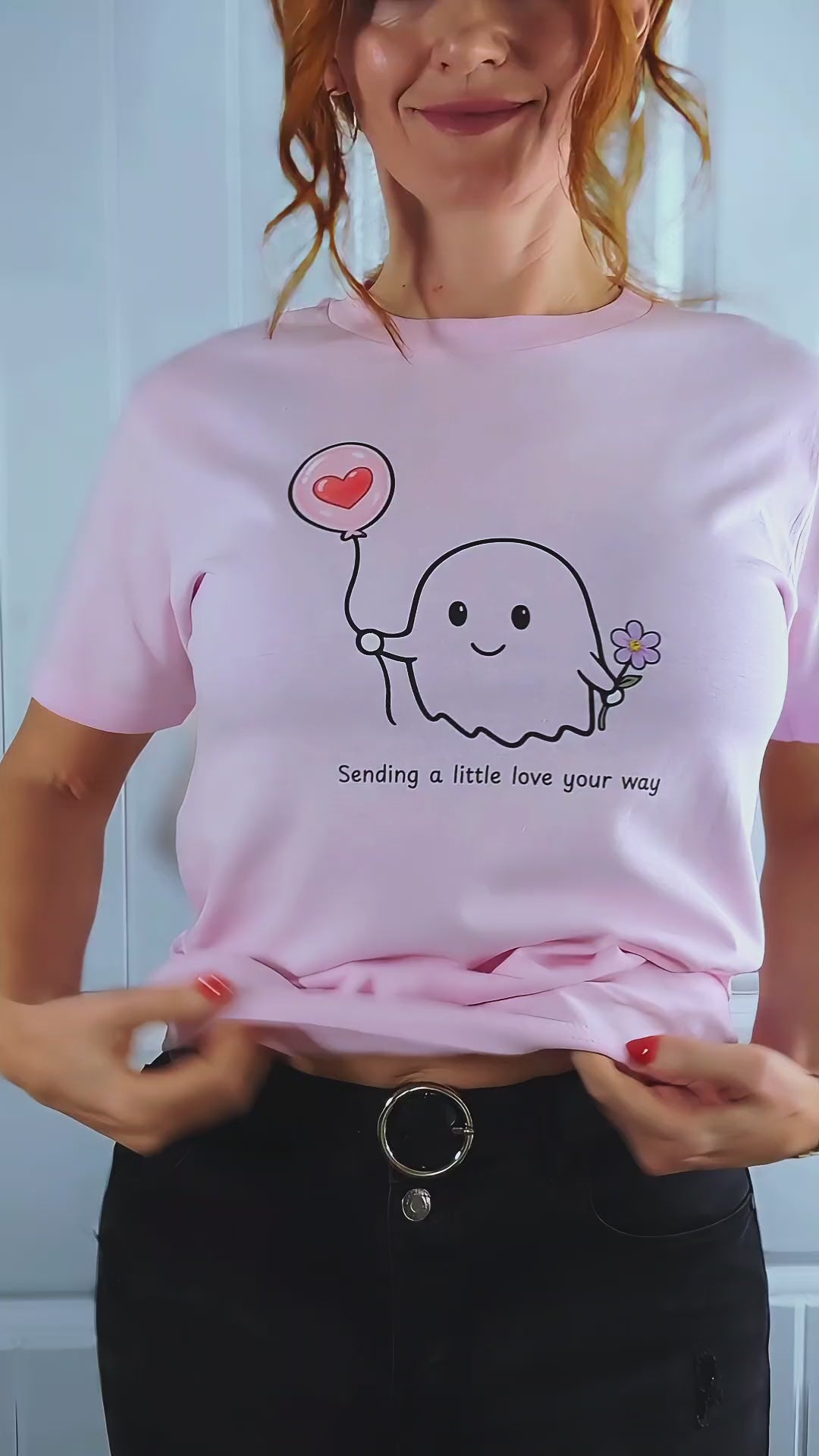 Cute Ghost Shirt | Sending a Little Love Your Way T-Shirt | Kawaii Ghost Tee | Pink Aesthetic Shirt | Cute Gift for Her