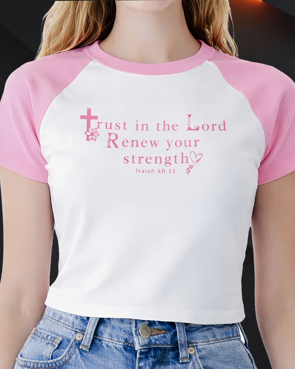 Christian Women's T-Shirt - Trust in the Lord Isaiah 40:31 - Faith Inspirational Graphic Tee - Pink Raglan Crop Top