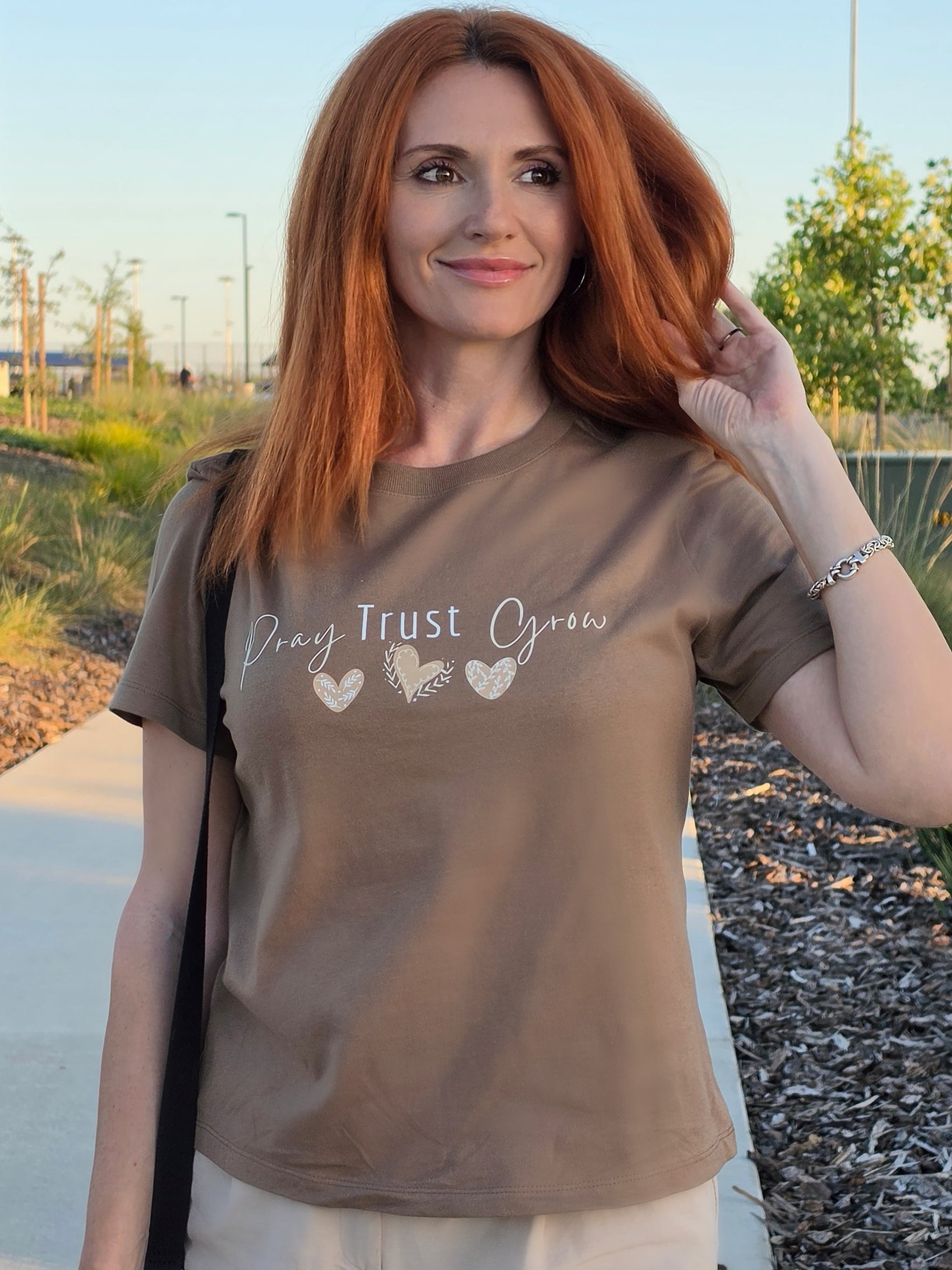 Pray Trust Grow Christian Inspirational T-Shirt | Faith-Based Women's Graphic Tee | Soft Cotton Gift for Her