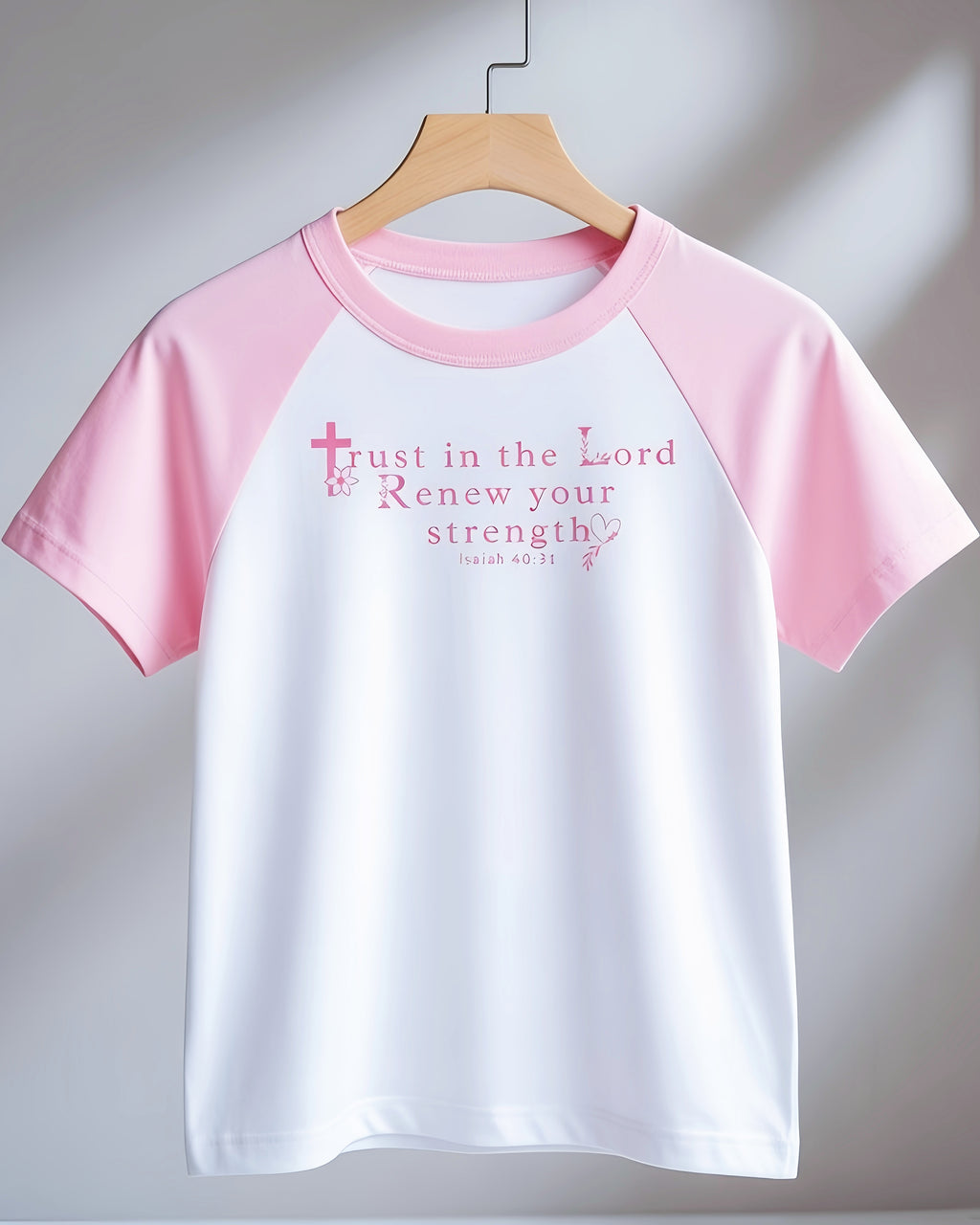 Christian Women's T-Shirt - Trust in the Lord Isaiah 40:31 - Faith Inspirational Graphic Tee - Pink Raglan Crop Top