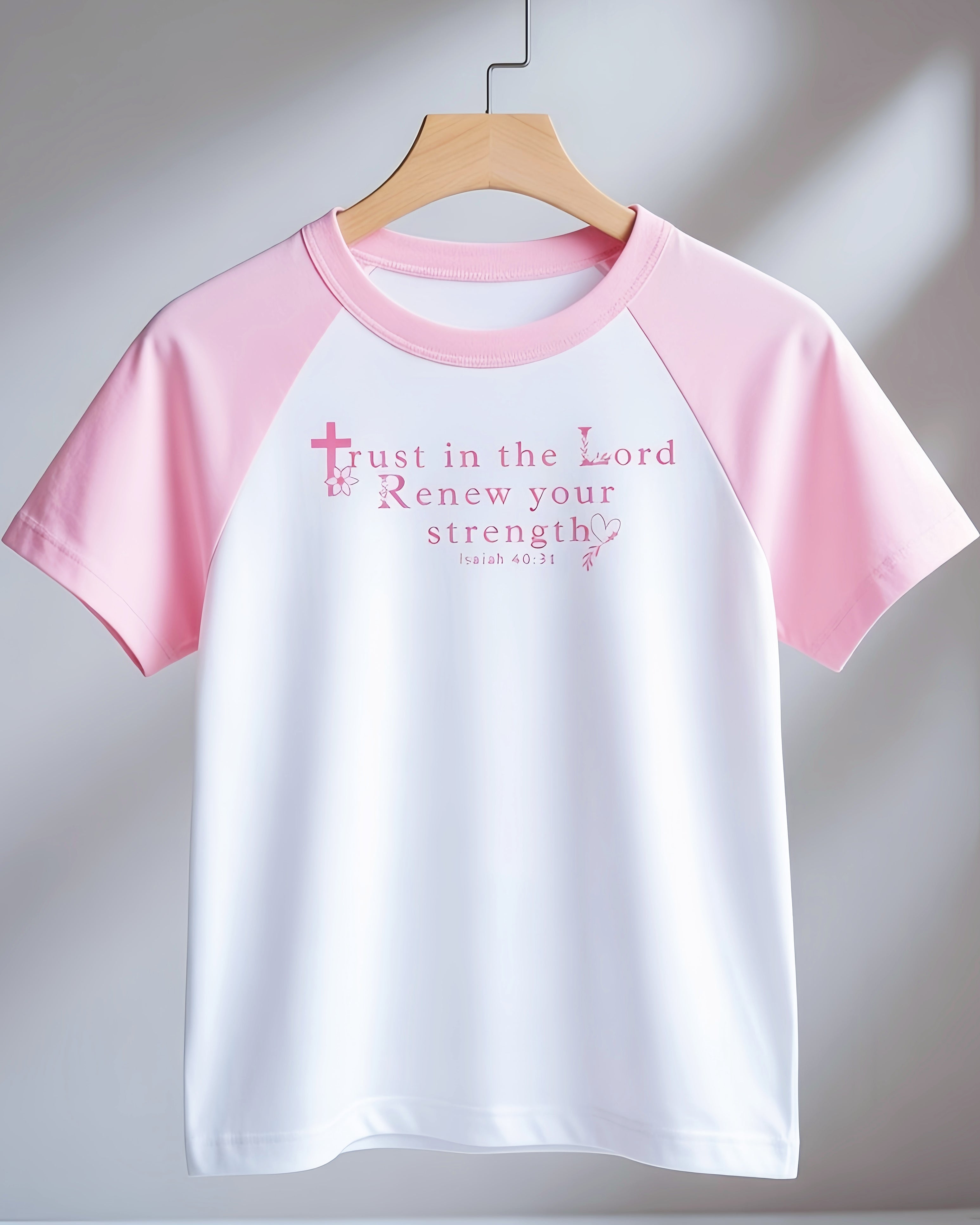 Christian Women's T-Shirt - Trust in the Lord Isaiah 40:31 - Faith Inspirational Graphic Tee - Pink Raglan Crop Top