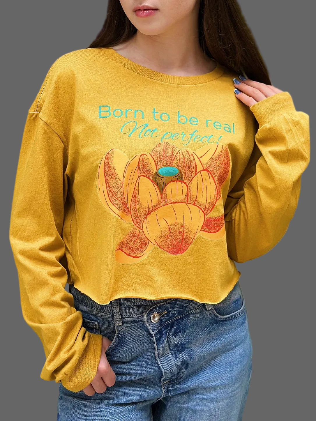 Born to Be Real, Not Perfect – Mustard Sweatshirt with Minimalist Quote
