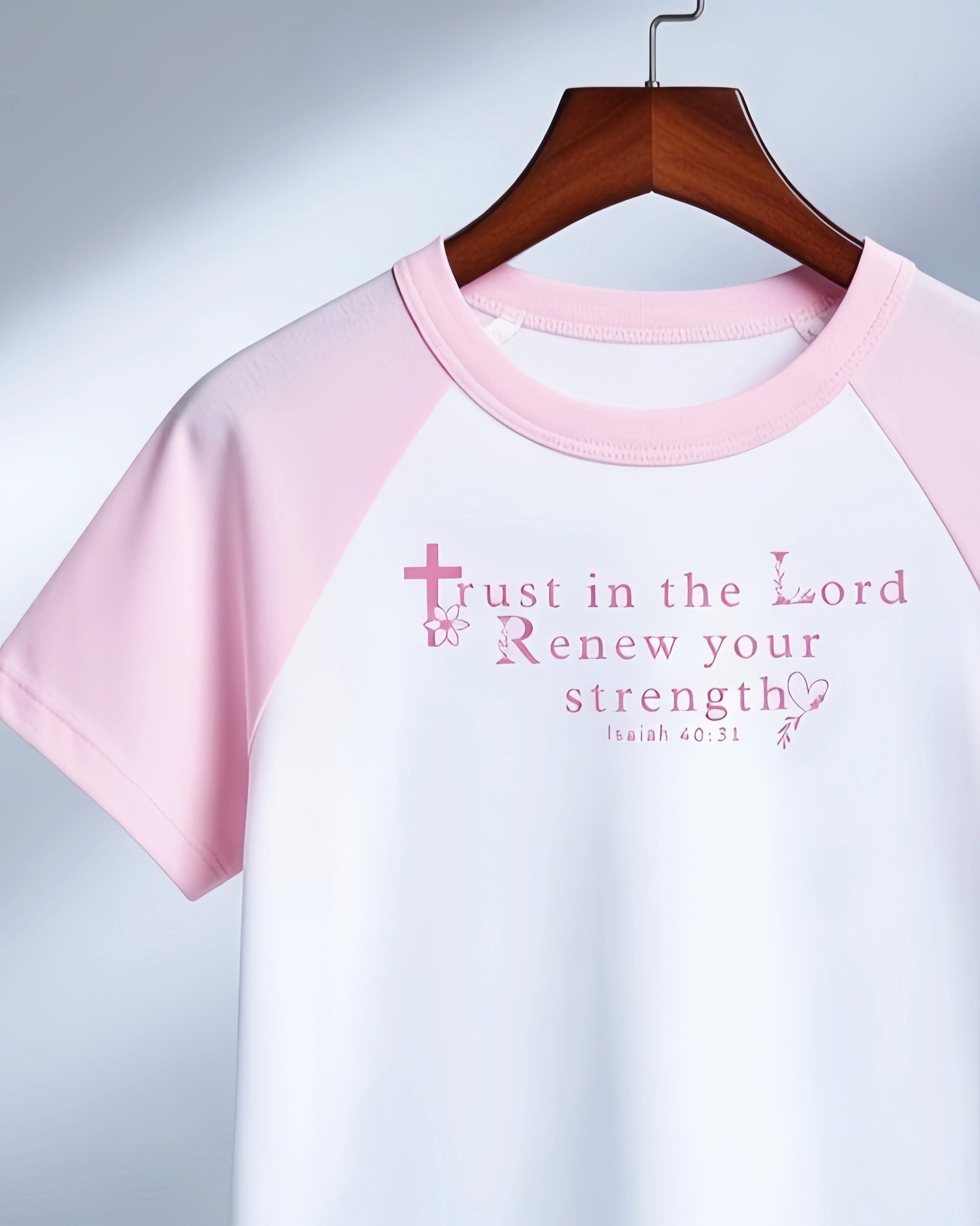 Christian Women's T-Shirt - Trust in the Lord Isaiah 40:31 - Faith Inspirational Graphic Tee - Pink Raglan Crop Top
