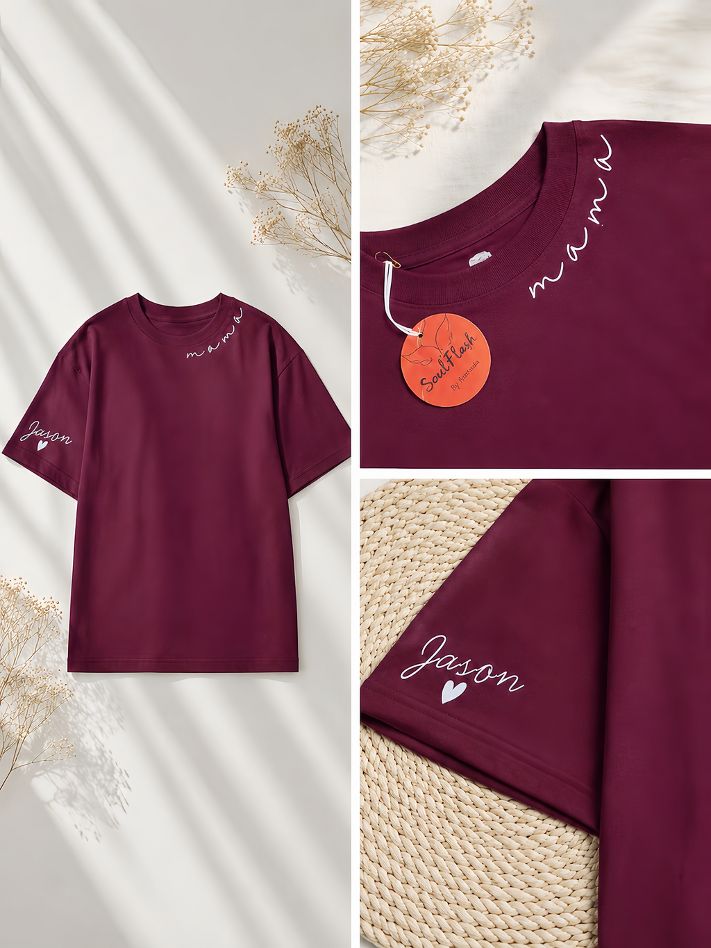 Custom Mama Shirt with Child's Name on Sleeve | Personalized Burgundy T-Shirt