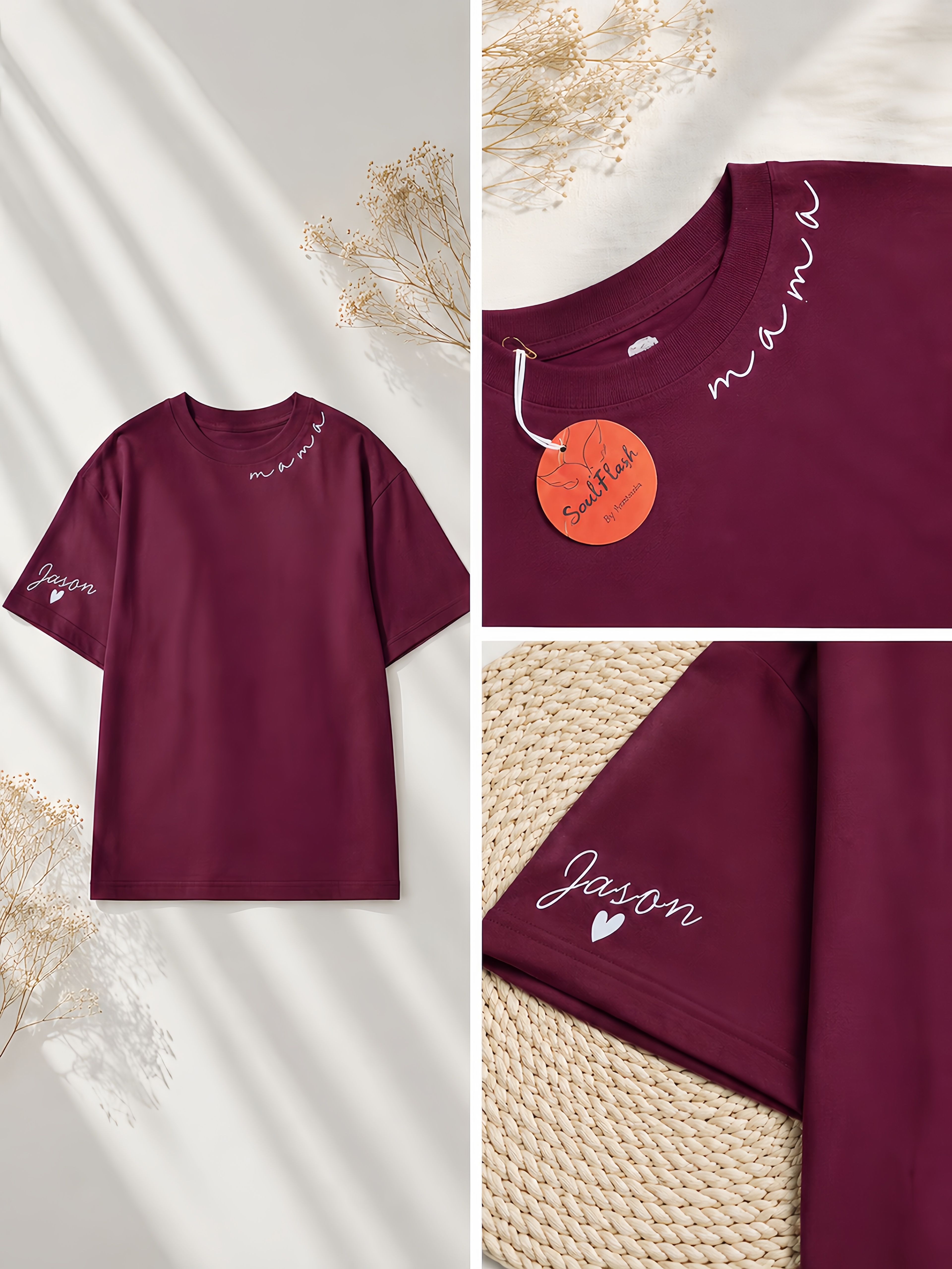 Custom Mama Shirt with Child's Name on Sleeve | Personalized Burgundy T-Shirt