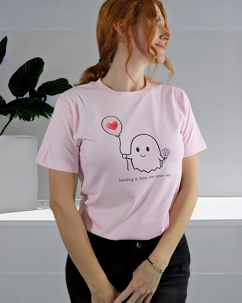 Cute Ghost Shirt | Sending a Little Love Your Way T-Shirt | Kawaii Ghost Tee | Pink Aesthetic Shirt | Cute Gift for Her