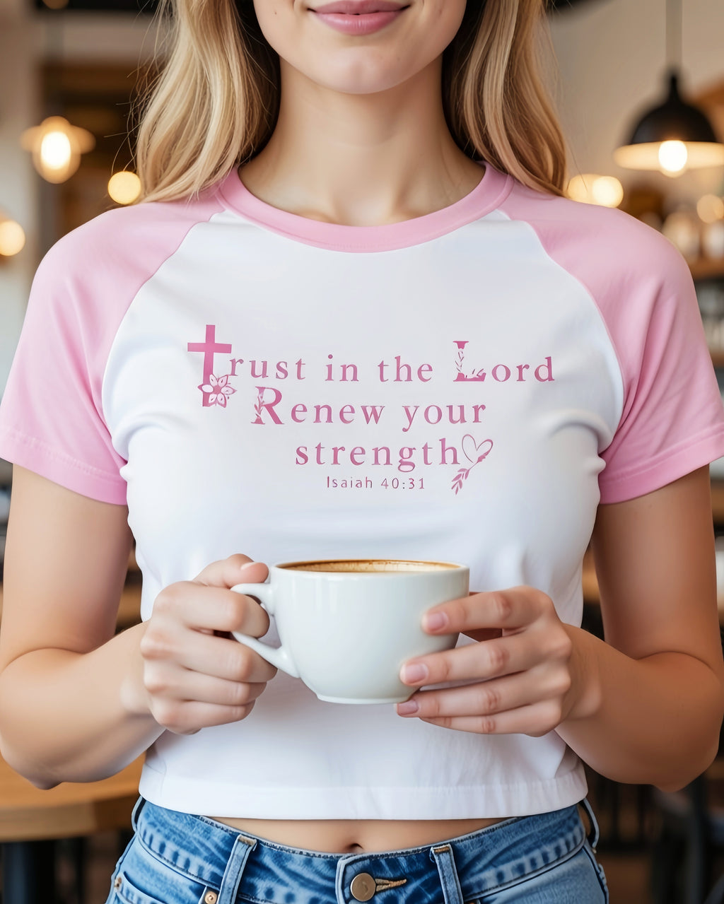Christian Women's T-Shirt - Trust in the Lord Isaiah 40:31 - Faith Inspirational Graphic Tee - Pink Raglan Crop Top
