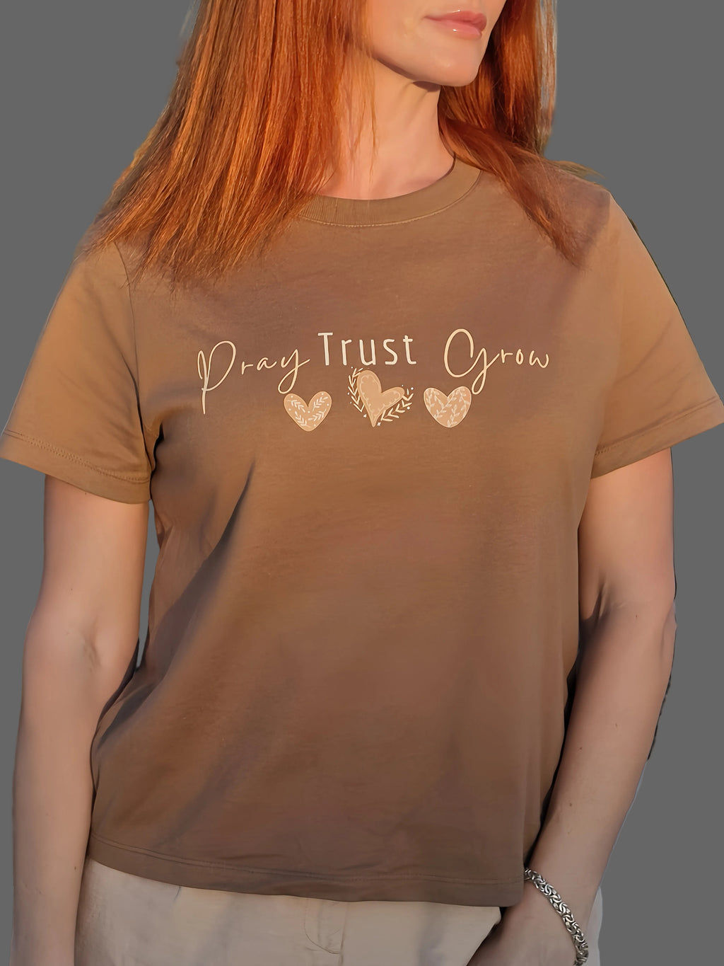 Pray Trust Grow Christian Inspirational T-Shirt | Faith-Based Women's Graphic Tee | Soft Cotton Gift for Her
