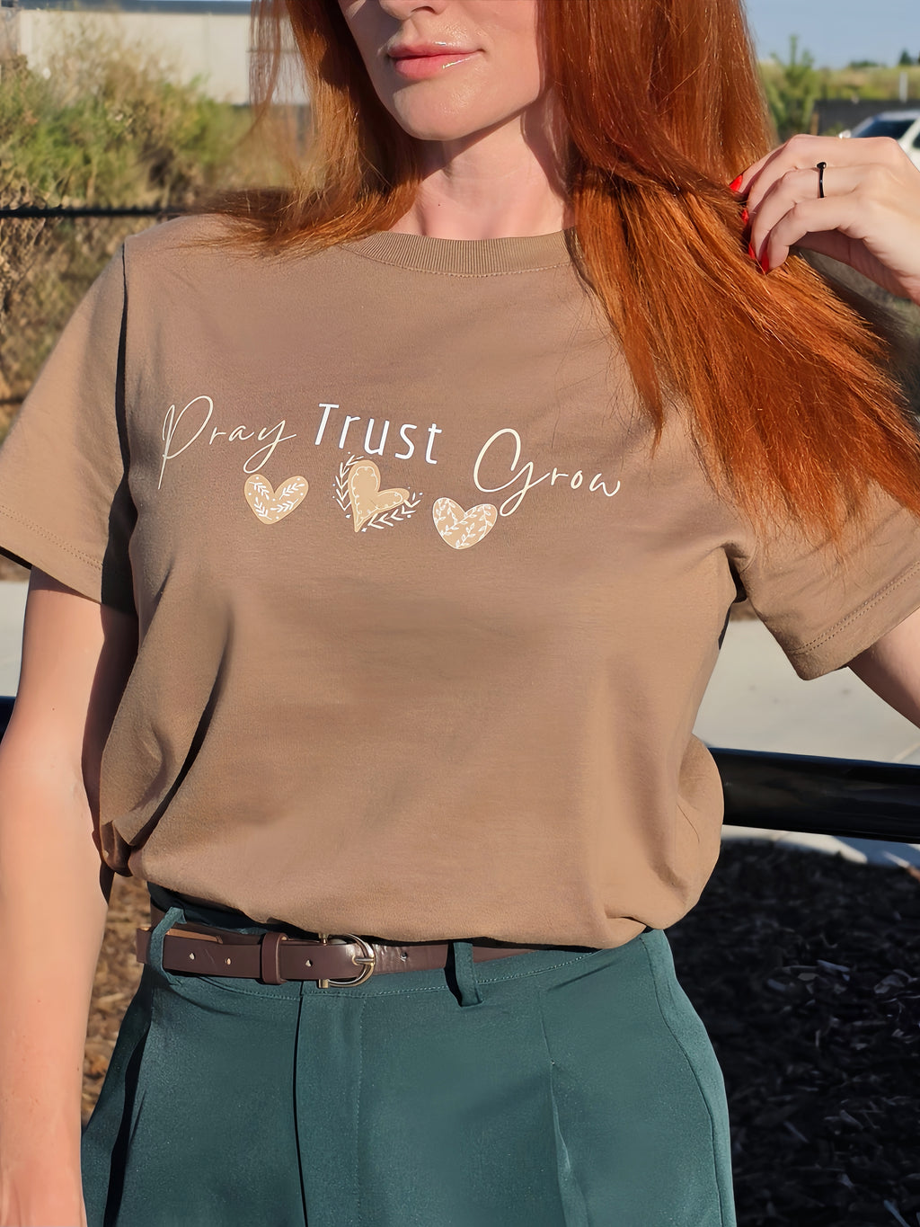 Pray Trust Grow Christian Inspirational T-Shirt | Faith-Based Women's Graphic Tee | Soft Cotton Gift for Her