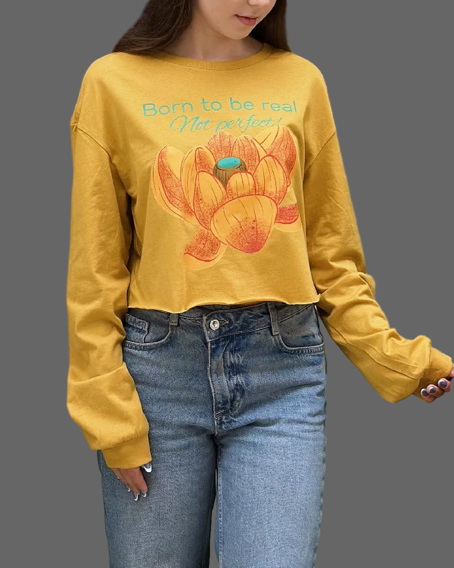 Born to Be Real, Not Perfect – Mustard Sweatshirt with Minimalist Quote