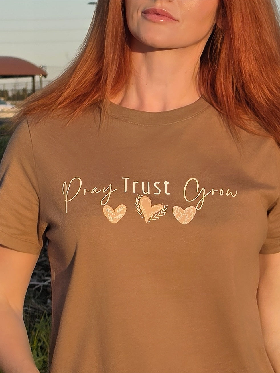 Pray Trust Grow Christian Inspirational T-Shirt | Faith-Based Women's Graphic Tee | Soft Cotton Gift for Her