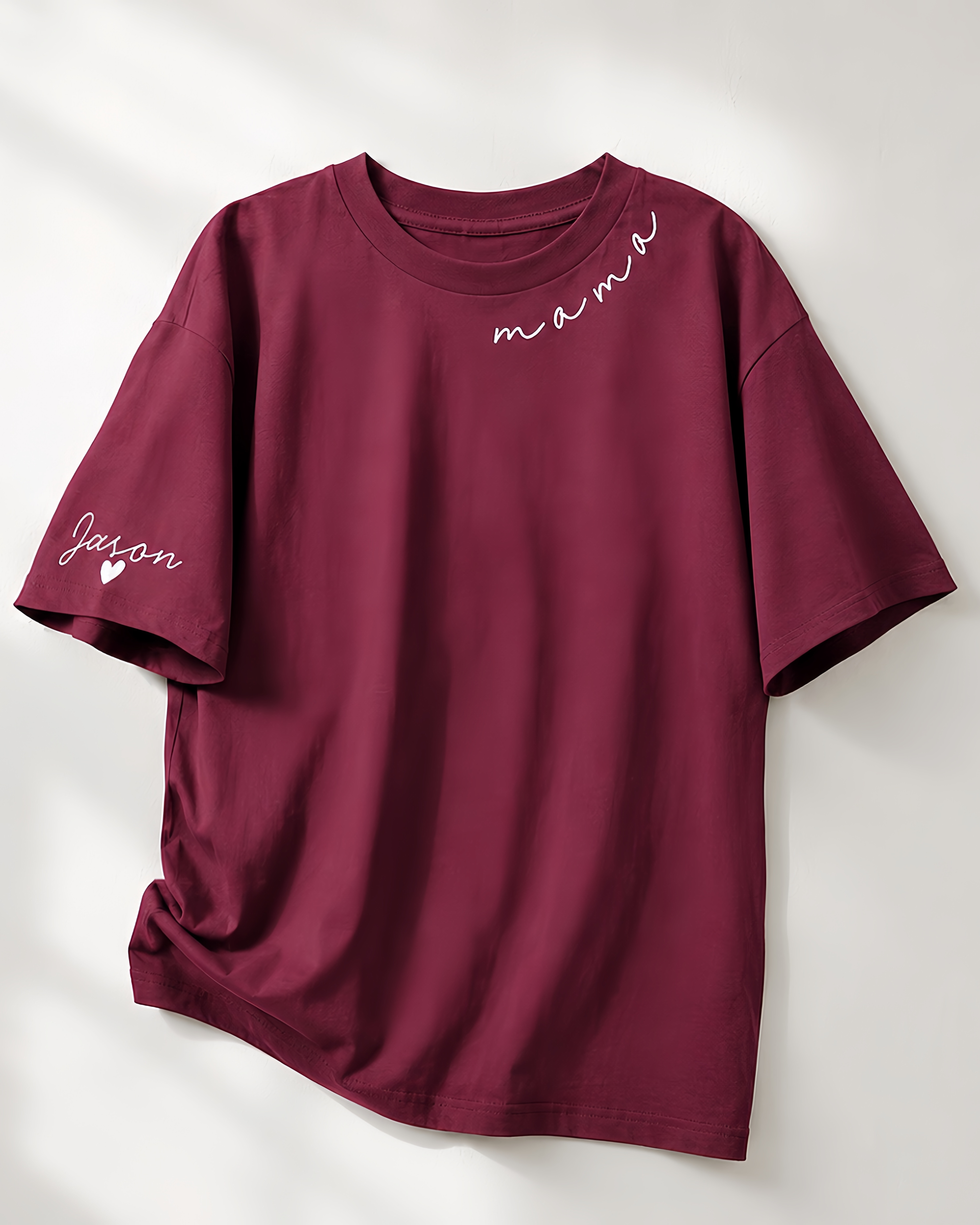 Custom Mama Shirt with Child's Name on Sleeve | Personalized Burgundy T-Shirt