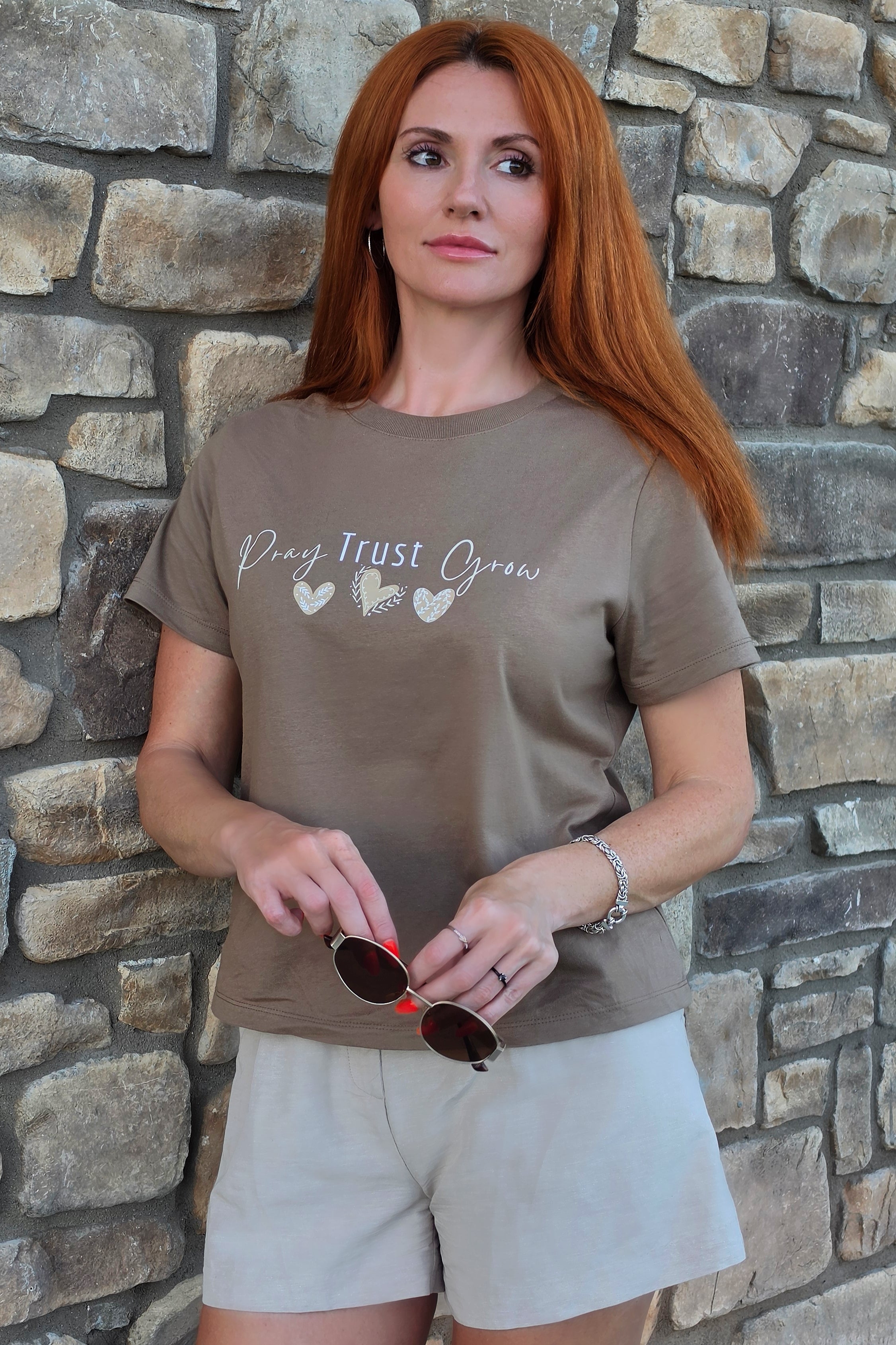 Pray Trust Grow Christian Inspirational T-Shirt | Faith-Based Women's Graphic Tee | Soft Cotton Gift for Her