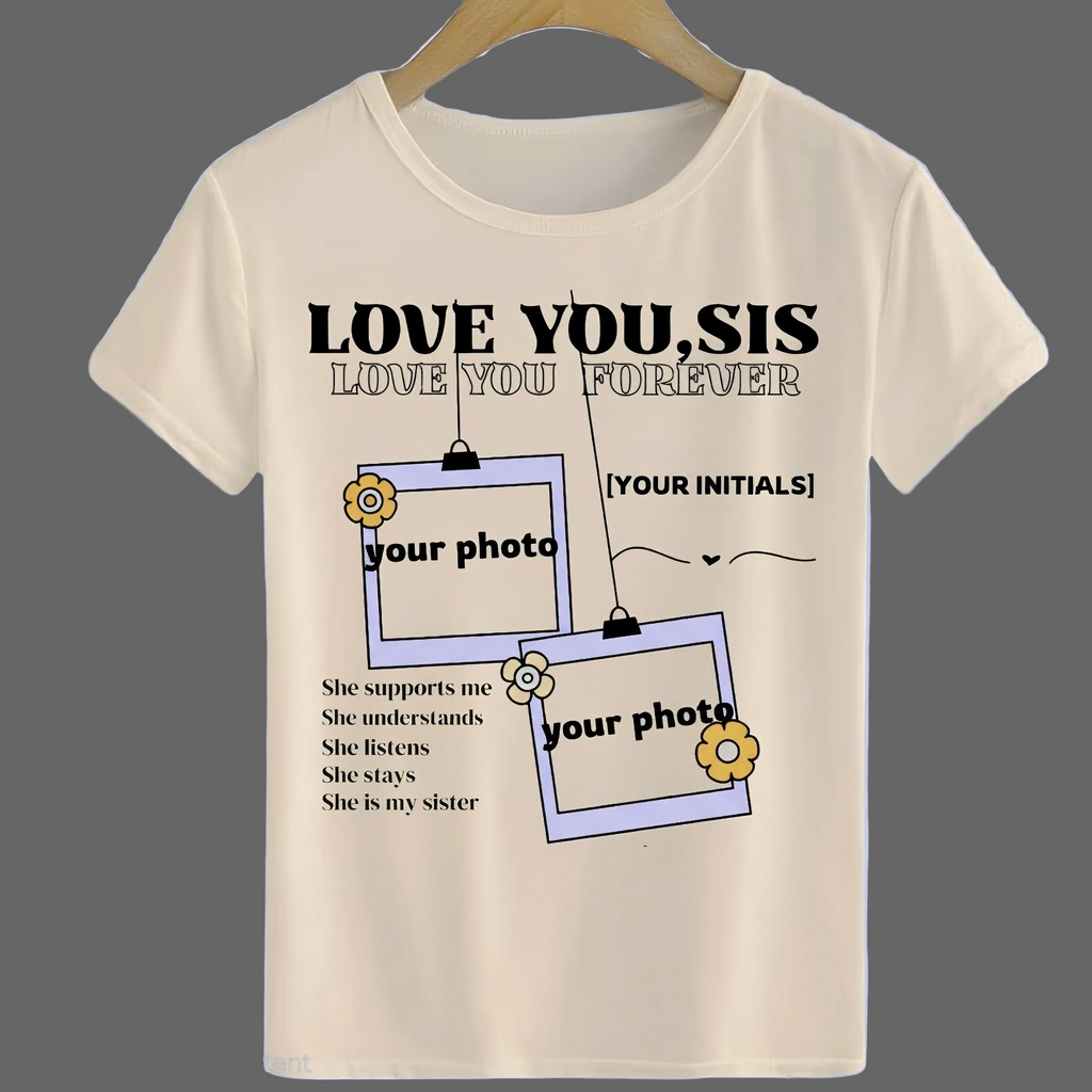 Personalized Sister Photo T-Shirt - Custom Photo & Initials Gift for Sister