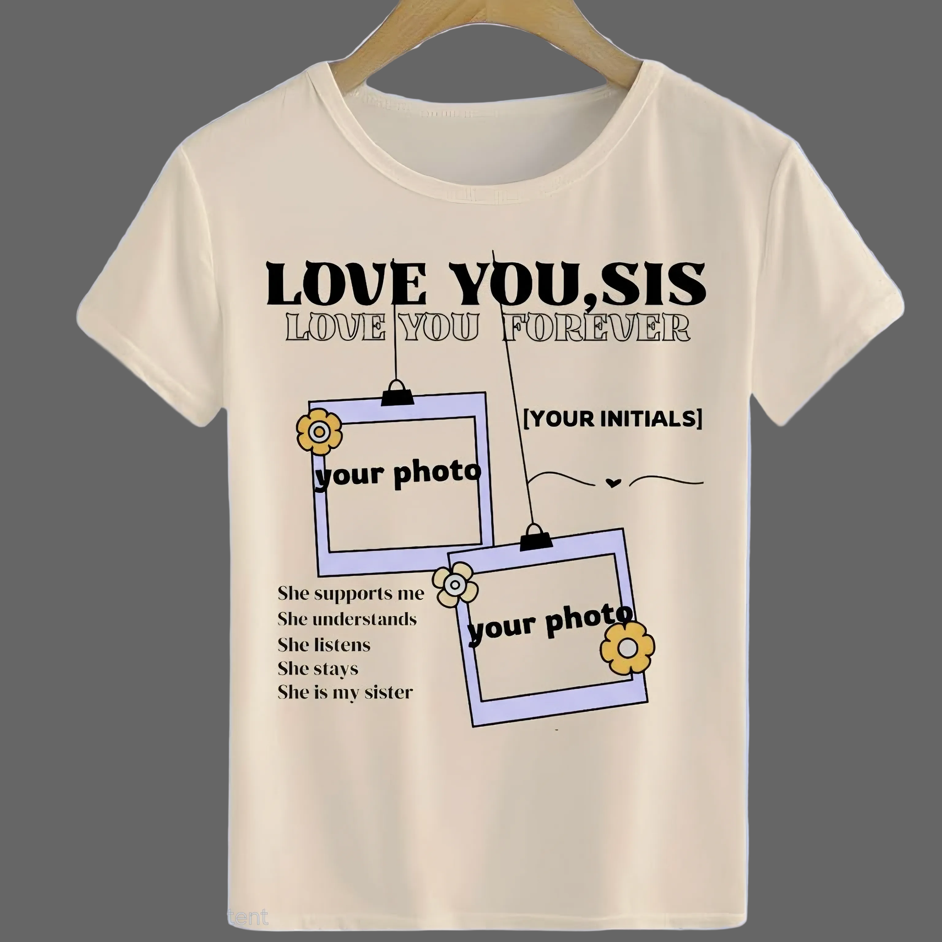 Personalized Sister Photo T-Shirt - Custom Photo & Initials Gift for Sister