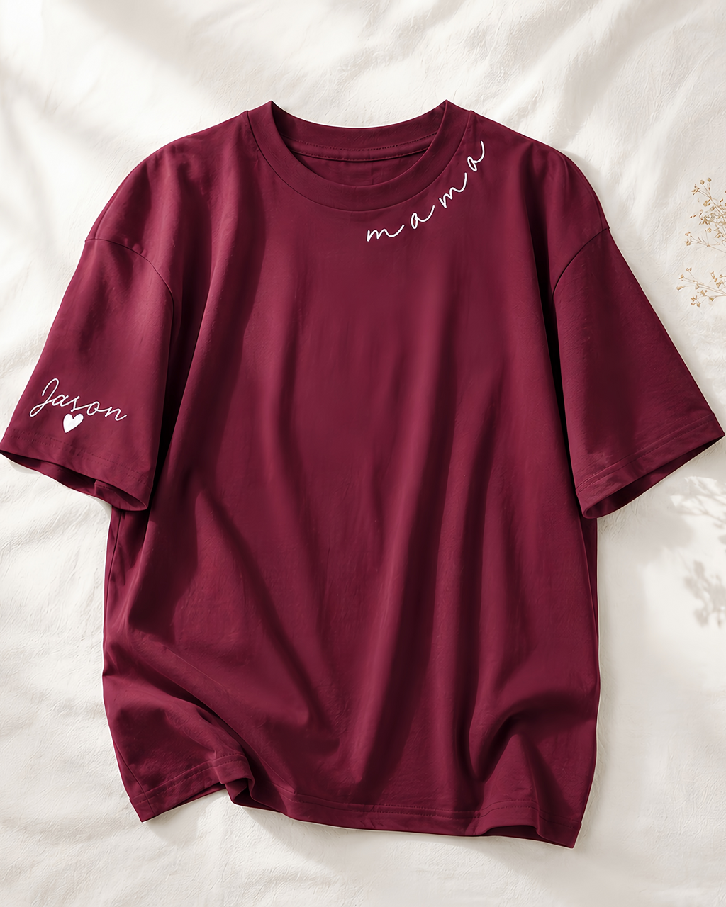 Custom Mama Shirt with Child's Name on Sleeve | Personalized Burgundy T-Shirt