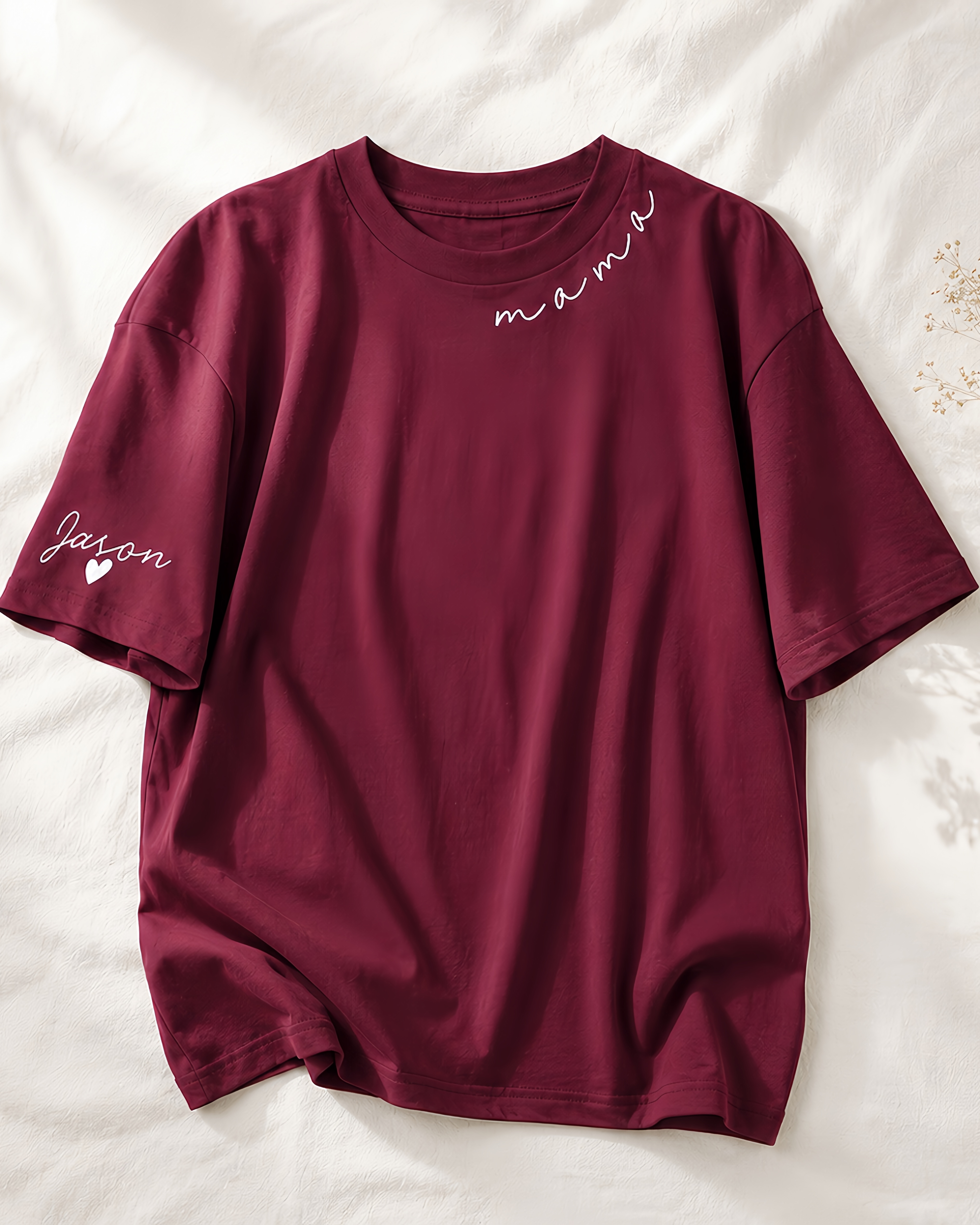 Custom Mama Shirt with Child's Name on Sleeve | Personalized Burgundy T-Shirt