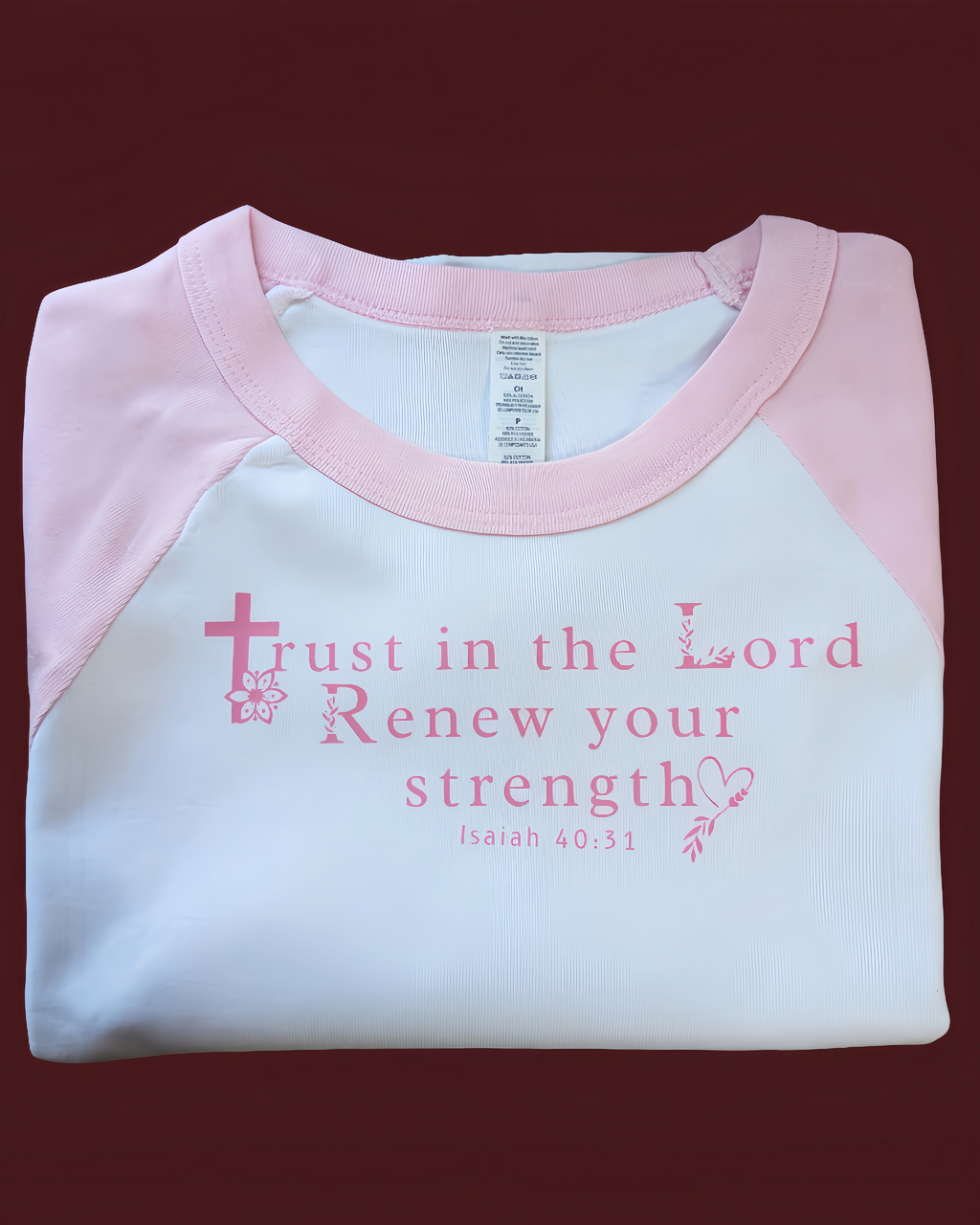 Christian Women's T-Shirt - Trust in the Lord Isaiah 40:31 - Faith Inspirational Graphic Tee - Pink Raglan Crop Top